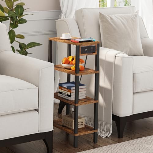 TUTOTAK Narrow Side Table Set of 2, Small End Table with Charging Station | 4-Tier Skinny Sofa Table, Slim Nightstand, Easy Assembly for Living Room, Bedroom, Brown TB01BB0802 - color: Brown, size: 4-tier