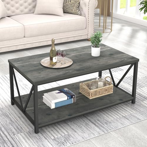 EXCEFUR Coffee Table, Rustic Wood and Metal Center Table for Living Room, 39.3 Inch Grey - color: Grey, size: 39 inch