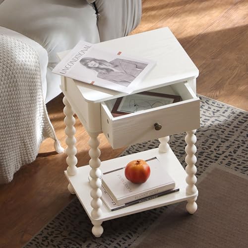 AWASEN White Nightstand, Small Side Table with Drawer for Living Room, Farmhouse End Bedside Table with Spindle Wood Legs for Bedroom, Office, White - color: White