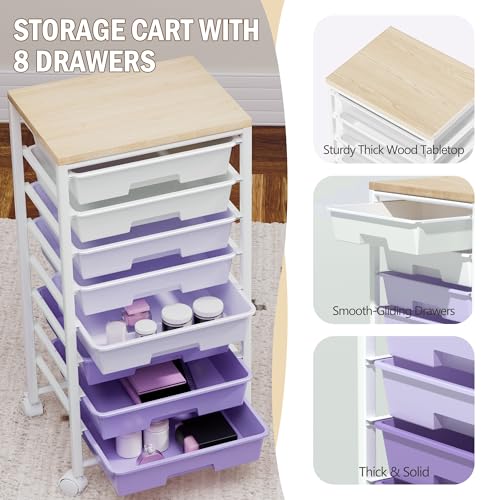 Rolling Cart with 8 Drawers, Storage Drawers Cart with Wooden Tabletop and Lockable Wheels, Craft Storage for Living Room, Office, Classroom, Craft Room, Bedroom (Purple) - color: Purple