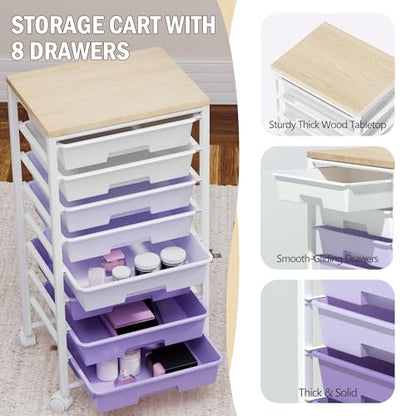 Rolling Cart with 8 Drawers, Storage Drawers Cart with Wooden Tabletop and Lockable Wheels, Craft Storage for Living Room, Office, Classroom, Craft Room, Bedroom (Purple) - color: Purple