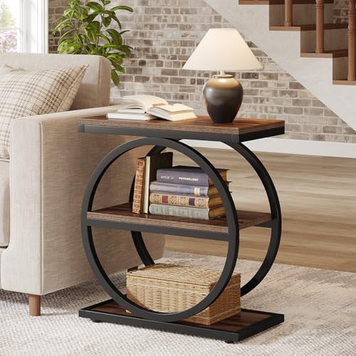 Tribesigns End Table, Narrow End Table with 3 Storage Shelves, Wood Side Table with Black Metal Frames, Industrial Small Sofa Side Table for Living Room, Slim Nightstand and Bedside Table for Bedroom - color: Brown