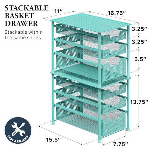 Simple Houseware Stackable 3 Tier Sliding Basket Organizer Drawer, Turquoise - color: Turquoise, size: 3-Tier