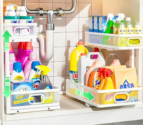 Under Sink Organizer 2 Pack, High Adjustable 2 Tier Under Sink Organizers and Storage, Slide out Metal Cabinet Organizers, Pull out Storage Drawer Shelf for Kitchen Bathroom Cabinet (White) - color: White