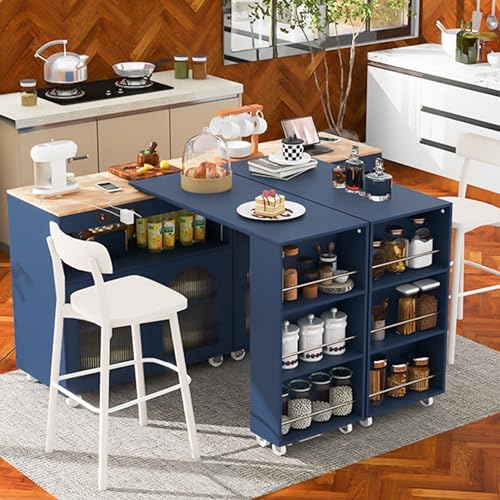 Rolling Kitchen Island with Extendable Swivel Table and Power Outlet, Kitchen Island on Wheels with Storage Cabinet, Fluted Glass Doors and Open Shelves for Small Spaces, Navy Blue - color: Navy Blue