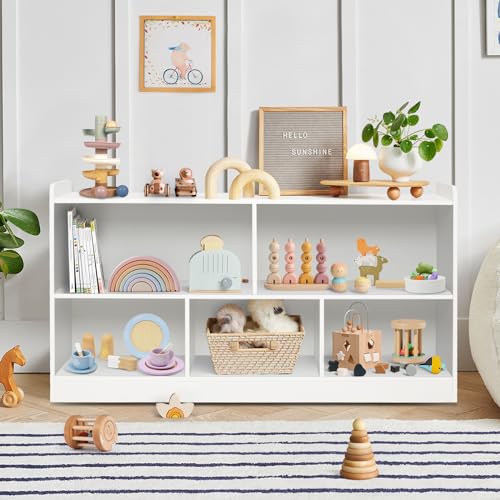 Montessori Shelf, Wooden Toy Storage Organizer for Books Toys, 2 Shelf Bookcase, 5-Section Storage Cabinet, Toddler Book Shelf for Kids Rooms, Playroom, Nursery, Kindergarten - color: White