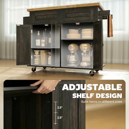 HOMCOM Kitchen Island Cart with Solid Wood Top 44" Mobile Brown Oak | Kitchen Island Table, on Wheels, Storage Cabinets, 2 Drawers, Adjustable Shelves, Spice Rack & Towel Bar, for Dining Room - color: Brown Oak
