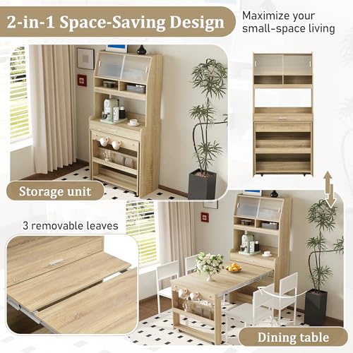 Spaco 2-in-1 Folding Dining Table and Buffet Cabinet Set,Compact Pull-Out Kitchen Table with Wheels,Storage Shelf and Side Hooks,Multifunctional Cupboard for Small Place (Oak) - color: Oak