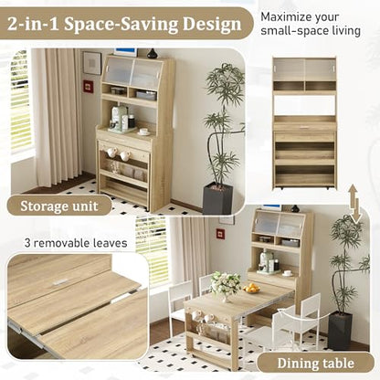 Spaco 2-in-1 Folding Dining Table and Buffet Cabinet Set,Compact Pull-Out Kitchen Table with Wheels,Storage Shelf and Side Hooks,Multifunctional Cupboard for Small Place (Oak) - color: Oak