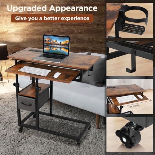 FAHKNS Overbed Table with Wheels, C Shaped End Table for Couch, Height Adjustable Desk on Wheels, Rolling Side Table with USB Ports & Outlets, Bedside TV Tray for Laptop Snacks