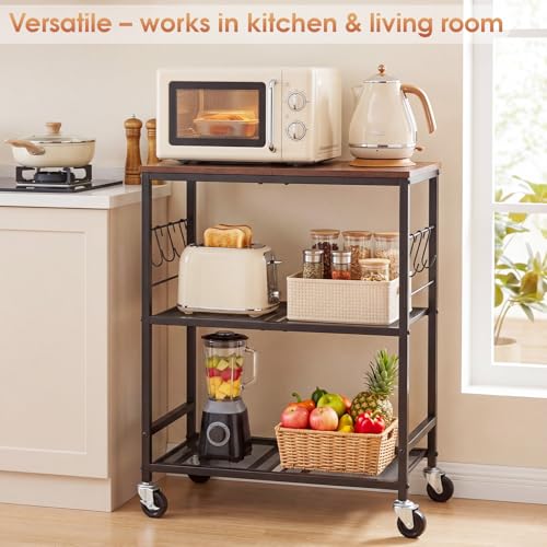 Rolling Kitchen Microwave Cart, 3-Tier Cart with Lockable Casters, 6 S Hooks for Towels, Rolling Kitchen Storage Rack, Space Saving Stand for Small Kitchen, Apartment, Coffee Bar - color: Black