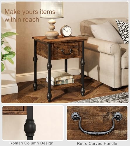 GarveeHome End Table, Industrial Side Table with Storage, 2 Tiers Nightstand with Drawer, Featured Bedside for Bedroom, Living Room and Small Space, Retro Brown