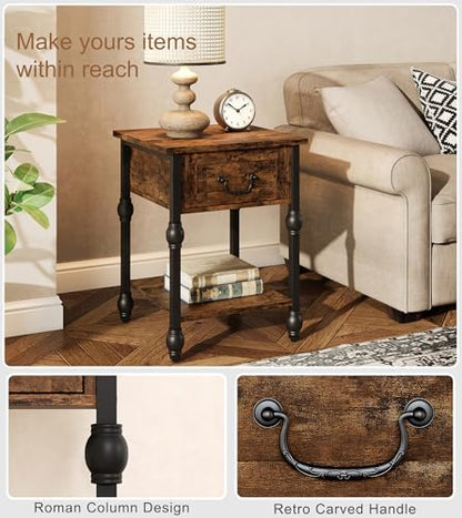 GarveeHome End Table, Industrial Side Table with Storage, 2 Tiers Nightstand with Drawer, Featured Bedside for Bedroom, Living Room and Small Space, Retro Brown