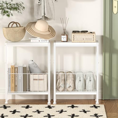 Narrow Side Table, Skinny End Tables with Magazine Holder, Small Sofa Table for Small Spaces, Space-Saving Design, Slim Nightstand Bedside Table for Living Room, Bedroom, Office, White - color: White