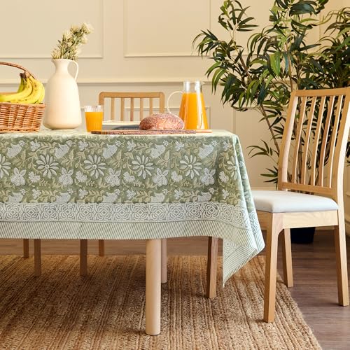 Encasa XO Square Tablecloth 60"x60" 5 ft Sage Green Jaipuri Block Print Cotton Dining Table Cloth | Handcrafted Floral tablecloths – Machine Washable for Indoor, Outdoor, Everyday Use - color: Sage Green, size: 60" x 60" (Square)
