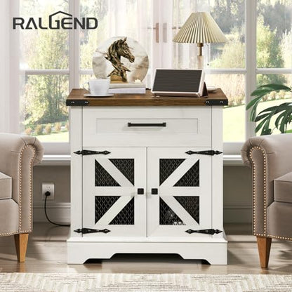 RALGEND White Farmhouse End Table with Charging Station, 24" Large Sofa Side Table with Drawer, Large End Table for Living Room, Wooden Nightstand with Outlet, Square, White and Walnut - color: White and Walnut