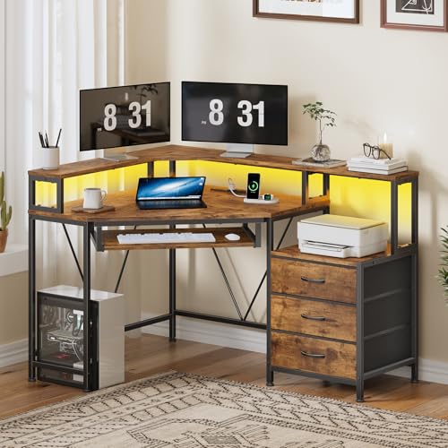 YOMILUVE Corner Desk with Power Outlets, Small Computer Desk with Drawers & Printer Shelf, Triangle Gaming Desk with LED Lights, Keyboard Tray and Monitor Stand for Small Space, Rustic Brown - color: Rustic Brown