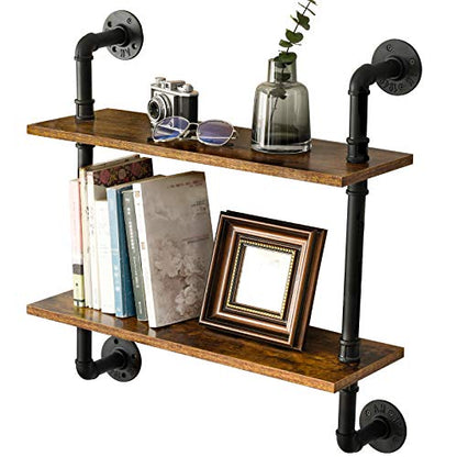 IBUYKE 2-Tiers Industrial Pipe Shelves, Pipe Floating Shelves RF-TM004 | Rustic Wall Mount Bookcase,Metal Bracket Storage Wall Shelf for Bedroom, Kitchen - size: 2 Tier