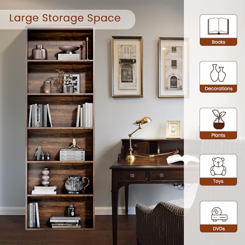 GRUSIGN 71" Tall 6-Tier Bookshelf, Large Open Display Bookcase with Ample Storage, Floor Standing Book Shelf for Living Room, Home Office, Bed Room, Brown - color: Brown