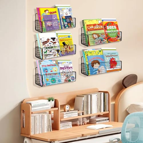 5-Pack Black Metal Wall Mounted Kids Bookshelf, Modern Style, 5 Shelves, Hanging Book Shelf Organizer for Kids Room, Bedroom, Kitchen, Nursery - color: Black