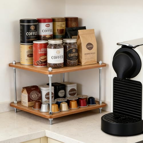 FMOACEN 2-Tier Bathroom Counter Organizer Wooden Bathroom Shelf for Makeup Skincare Perfume and Spices Countertop Organizer Shelf for Corner Vanity Coffee Station Kitchen Office and Home Decor