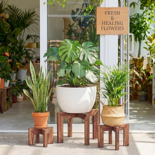 Pinkunn 3 Pcs Wood Plant Stand Indoor Plant Stand for 3-12 Inch Pots Mid-century Modern Plants Stool Plants Pot Holder Home Decor for Balcony Living Room Office Courtyard Detachable(Classic Style) - style: Classic Style