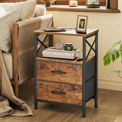 Huuger Nightstands Set of 2, Night Stand with Charger Station, 2 Drawer Side Table with Open Shelf, USB-C Port, End Table for Small Spaces, X Shaped Side Rail, Rustic Brown - color: Rustic Brown