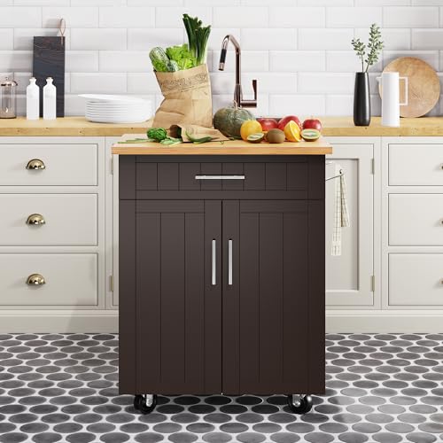 Shintenchi Kitchen Island Cart with Storage,Rolling Kitchen Island Side Table on Wheels with Large Worktop,Storage Cabinet,Towel Rack and Drawers for Kitchen,Dinning Room, Brown - color: Pink-26 Inch