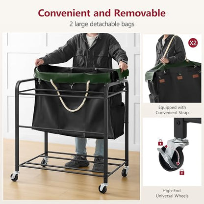 350L Extra Large Laundry Cart, Laundry Hamper 6 Section, Black | Large Capacity, Heavy Duty Lockable Wheels, Sturdy Metal Frame, Leather Patchwork, Removable Bags - color: Black, size: 6 Bag 350L