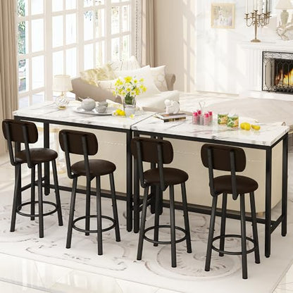 AWQM 3 Piece Bar Table Set of 2,39.3" Pub Bar Table and Chairs Set,Faux Marble Bar Height Table with 2 Backrest Stools,Small Dining Table for 2,Kitchen Table Set for Small Space,White & Brown - color: White & Black & Brown