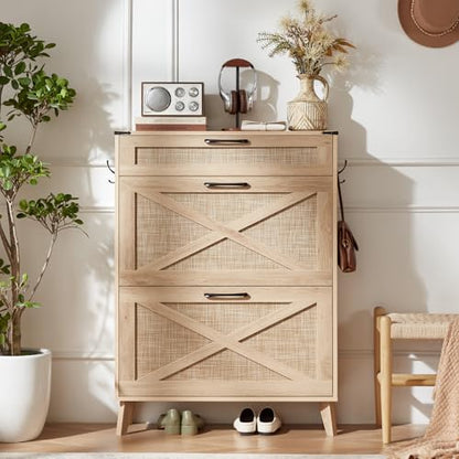 LEYAOYAO Shoe Cabinet Storage for Entryway with 2 Flip Drawers Rack Narrow Organizer Slim Hidden Wood Shoe Cabinet Furniture Natural Oak - color: Natural Oak