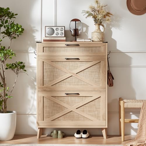 LEYAOYAO Shoe Cabinet Storage for Entryway with 2 Flip Drawers | Rack Narrow Organizer Slim Hidden Wood Shoe Cabinet Furniture - color: Natural Oak