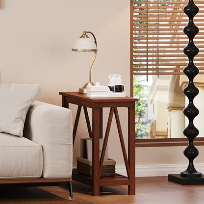 ChooChoo Farmhouse End Table Set of 2, Narrow Side Table | with Shelf ,Slim Bedside Table ,Small Spaces, Rustic Nightstand, Living Room, Bedroom,Walnut - color: Walnut, size: 1 Pack