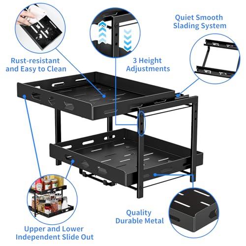 BOIVSHI Spice Organization for Cabinet, 2-Tier Cabinet Spice Rack, Height Adjustable Vertical Spice Rack Pull Out for Kitchen, Cabinet, Pantry (14.1''Wx10.8''Dx9.2''H, Metal Black) - size: 14.1''Wx10.8''Dx9.2''H,2 Tier