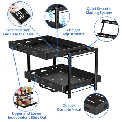 BOIVSHI Spice Organization for Cabinet, 2-Tier Cabinet Spice Rack, Height Adjustable Vertical Spice Rack Pull Out for Kitchen, Cabinet, Pantry (14.1''Wx10.8''Dx9.2''H, Metal Black) - size: 14.1''Wx10.8''Dx9.2''H,2 Tier