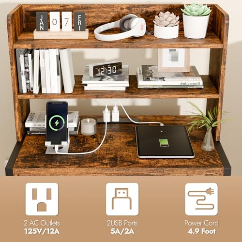 39 Inch Tall Nightstand with 2 Drawers & Charging Station, Brown | 4-tier Open Shelves, P2 Particle Board, Steel Frame, 2 AC Outlets, 2 USB Ports, Suitable for Dorm and Apartment - color: Retro Brown