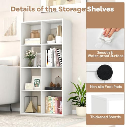 8 Cube Storage Organizer, 4 Tier Floor Standing Bookshelf, 54 inch Tall Bookcase, Wooden Open Display Shelf for Living Room, Bedroom, Study, White Bookshelf with Open Back - size: 8 Cubes