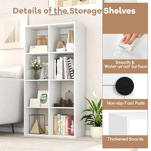 8 Cube Storage Organizer, 4 Tier Floor Standing Bookshelf, 54 inch Tall Bookcase, Wooden Open Display Shelf for Living Room, Bedroom, Study, White Bookshelf with Open Back - size: 8 Cubes
