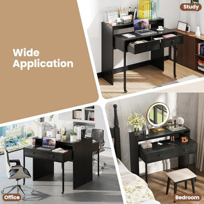 Giantex Small Computer Desk with Hutch & Drawers, Extendable Writing Desk w/Pull Out Secondary Table, Monitor Stand & Rolling Wheels, Console Table, Compact Desk for Small Spaces, Home Office (Black) - color: Black