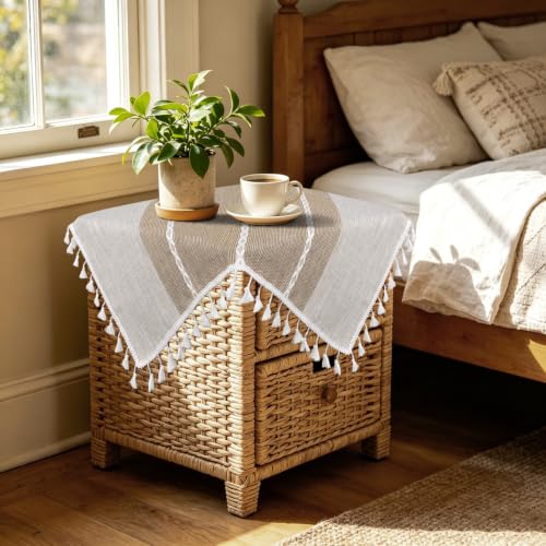 Boho Small Tablecltoh Square 24 x 24 inch, Spring Summer Cotton Linen Bedside Table Cloth with Tassel, Brown Nightstand Cover Top, Farmhouse Dresser End Side Table Cover, Rustic Home Decor - color: Coffee, size: 24" x 24" (Square)