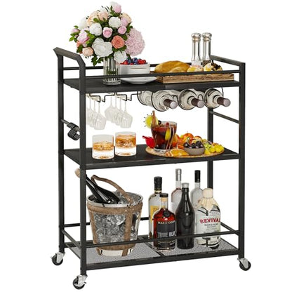 3 Tier Bar Cart, Small Beverage Cart, Mini Bar Cart with Wine Rack, Home Bar Serving Cart with Wheels for Kitchen Dining Living Room (Black, General) GBC507B - color: Black, size: General