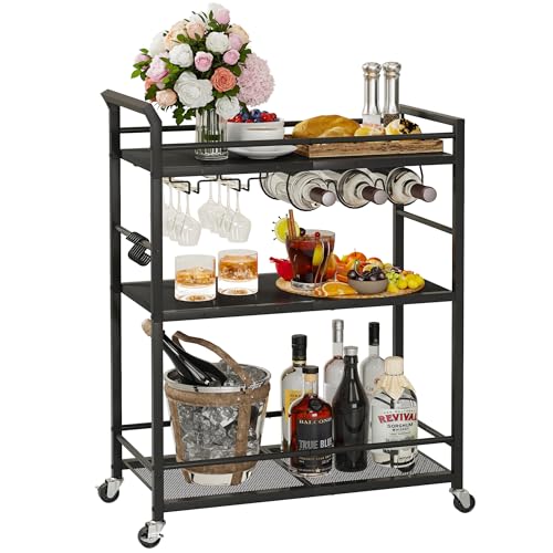 3 Tier Bar Cart, Small Beverage Cart, Mini Bar Cart with Wine Rack, Home Bar Serving Cart with Wheels for Kitchen Dining Living Room (Black, General) GBC507B - color: Black, size: General