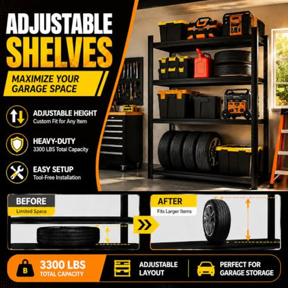 Garage Shelving, Heavy Duty Storage Shelves, Adjustable Boltless Units | Metal Shelving with Double Layer Posts, Industrial Steel Shelving for Garage Basement Warehouse Kitchen, Black, 54H*16W*12D - size: 16W*54H*12D-4T