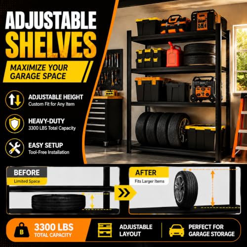 Garage Shelving, Heavy Duty Storage Shelves, Adjustable Boltless Units | Metal Shelving with Double Layer Posts, Industrial Steel Shelving for Garage Basement Warehouse Kitchen, Black, 72H*36W*16D - size: Heavy Duty 36W*72H*16D