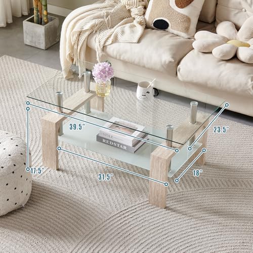 Living Room Rectangle Coffee Table, Tea Table Suitable for Waiting Room, Modern Side Coffee Table with Wooden Leg, Glass Tabletop with Lower Shelf (Yellow Travertine) - color: Yellow Travertine