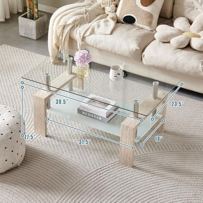 Living Room Rectangle Coffee Table, Tea Table Suitable for Waiting Room, Modern Side Coffee Table with Wooden Leg, Glass Tabletop with Lower Shelf (Yellow Travertine) - color: Yellow Travertine