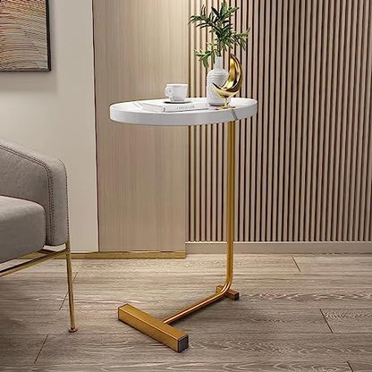 C-Shaped Side Table & End Table for Small Spaces and Living Room, Modern Nightstand Suit for Sofa Couch and Bed, White Oval top with Golden Metal Frame 2PCS 17.72"X11.8"X23.62" - color: White
