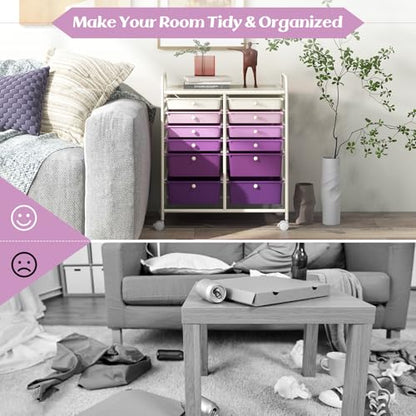 DREAMADE Rolling Cart with Storage Drawers, Utility Cart w/Removable Plastic Drawers, Lockable Wheels, Art Cart for Classroom Organization Art Supplies Office Scrapbook (12 Drawers, Purple Gradient) - color: Gradient Purple, style: 12 Drawers