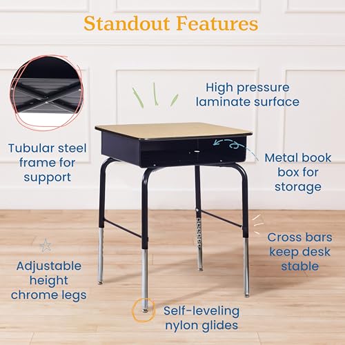 ECR4Kids Open Front Desk with Metal Storage Book Box, Adjustable, Classroom Furniture, Maple/Black - color: Maple and Black