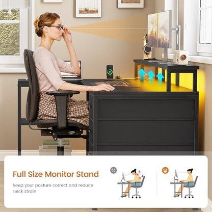 SEDETA L Shaped Gaming Desk with 4 Drawers, Shelves, Power Outlets, Black | L Shaped Desk with LED Lights , Computer Desk with Shelves & Drawer, Corner Desk Home Office Desk - color: Black
